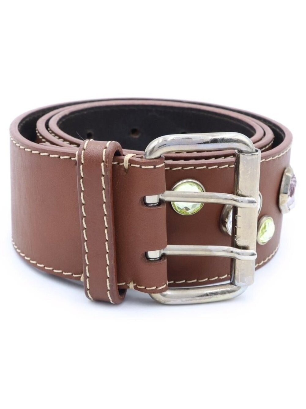 Celine Bijou Design Belt Brown Leather Rhinestone